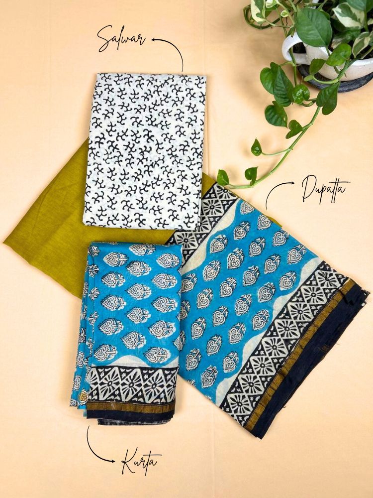 Royal Dusk – Blue & Mustard Yellow Chanderi Silk Cotton Suit Set with Bagru Hand Block Print